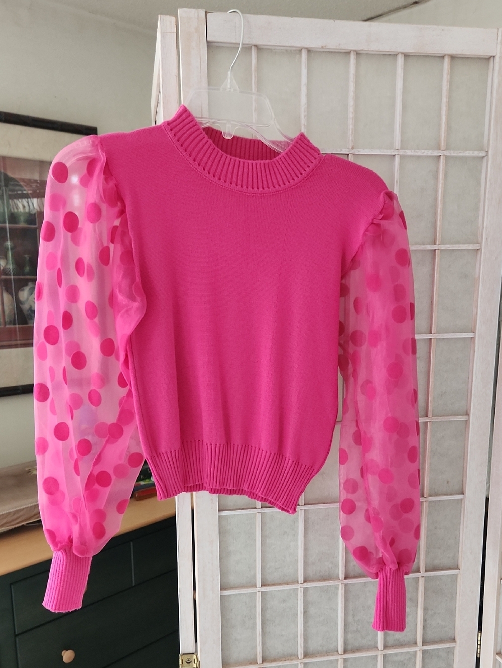 Women's Hot Pink Puff Sleeve Sweater Top